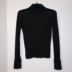 Free People Black Sheer Top with Fur Detail